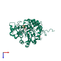 PDB entry 3rhg coloured by chain, top view.