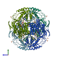 PDB entry 3rhj coloured by chain, side view.