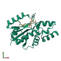 PDB entry 3rhs coloured by chain, front view.