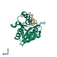 PDB entry 3rhs coloured by chain, side view.
