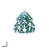 PDB entry 3rhu coloured by chain, side view.