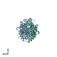 PDB entry 3rhx coloured by chain, side view.