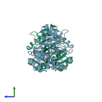 PDB entry 3rhy coloured by chain, side view.