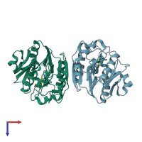 PDB entry 3rhy coloured by chain, top view.