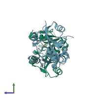 PDB entry 3ri0 coloured by chain, side view.