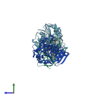 PDB entry 3rie coloured by chain, side view.