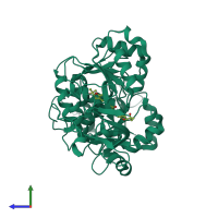 PDB entry 3rix coloured by chain, side view.