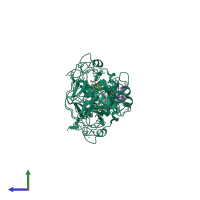 Homo dimeric assembly 1 of PDB entry 3rjw coloured by chemically distinct molecules, side view.