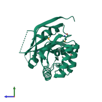 PDB entry 3rjz coloured by chain, side view.