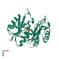 PDB entry 3rk0 coloured by chain, top view.