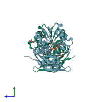PDB entry 3rk1 coloured by chain, side view.