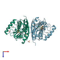 PDB entry 3rk1 coloured by chain, top view.