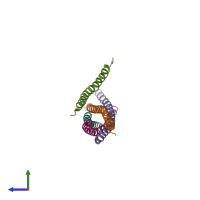 Hetero pentameric assembly 1 of PDB entry 3rk3 coloured by chemically distinct molecules, side view.