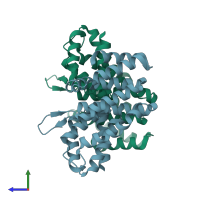 PDB entry 3rk6 coloured by chain, side view.