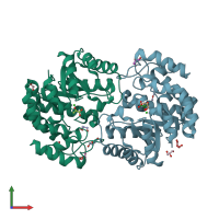 PDB entry 3rk8 coloured by chain, front view.