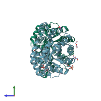 PDB entry 3rk8 coloured by chain, side view.