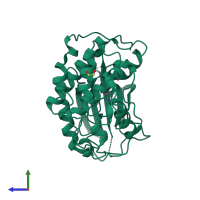 PDB entry 3rkb coloured by chain, side view.