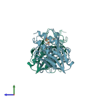 PDB entry 3rkj coloured by chain, side view.