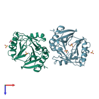 PDB entry 3rkj coloured by chain, top view.