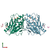 PDB entry 3rkk coloured by chain, front view.