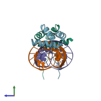 PDB entry 3rkq coloured by chain, side view.
