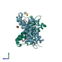 PDB entry 3rlb coloured by chain, side view.