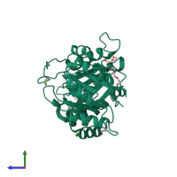 PDB entry 3rlg coloured by chain, side view.