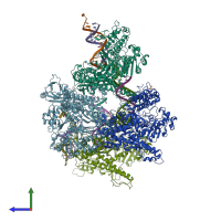 PDB entry 3rmb coloured by chain, side view.