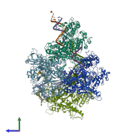 PDB entry 3rmc coloured by chain, side view.