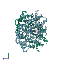 PDB entry 3rme coloured by chain, side view.