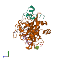 PDB entry 3rml coloured by chain, side view.
