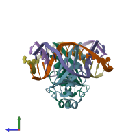 PDB entry 3rmp coloured by chain, side view.