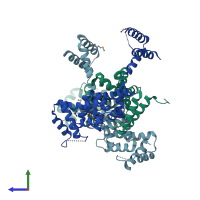 PDB entry 3rmr coloured by chain, side view.