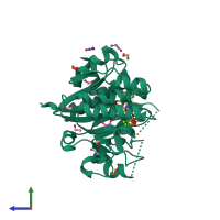 PDB entry 3rmw coloured by chain, side view.