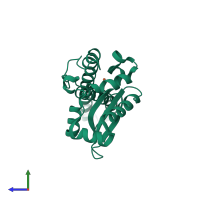 PDB entry 3rn4 coloured by chain, side view.