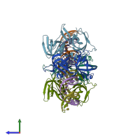 PDB entry 3rn5 coloured by chain, side view.