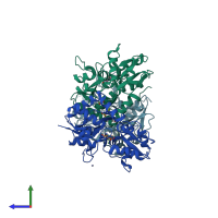PDB entry 3rnn coloured by chain, side view.