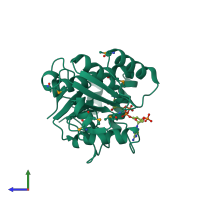 PDB entry 3rno coloured by chain, side view.
