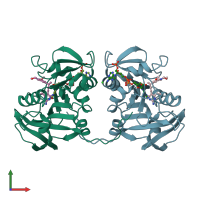 PDB entry 3roa coloured by chain, front view.