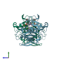 PDB entry 3roa coloured by chain, side view.