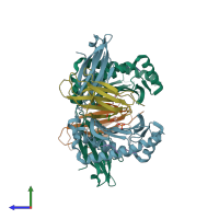 PDB entry 3roo coloured by chain, side view.