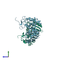 PDB entry 3roq coloured by chain, side view.