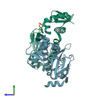 PDB entry 3rou coloured by chain, side view.