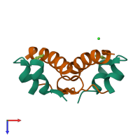 Hetero tetrameric assembly 3 of PDB entry 3rov coloured by chemically distinct molecules, top view.