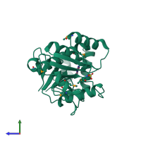 PDB entry 3rox coloured by chain, side view.
