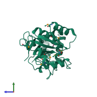 PDB entry 3roz coloured by chain, side view.