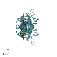 PDB entry 3rpe coloured by chain, side view.