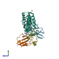 PDB entry 3rpf coloured by chain, side view.