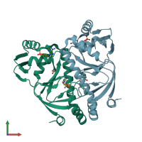 PDB entry 3rpq coloured by chain, front view.