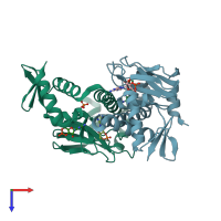 PDB entry 3rpq coloured by chain, top view.